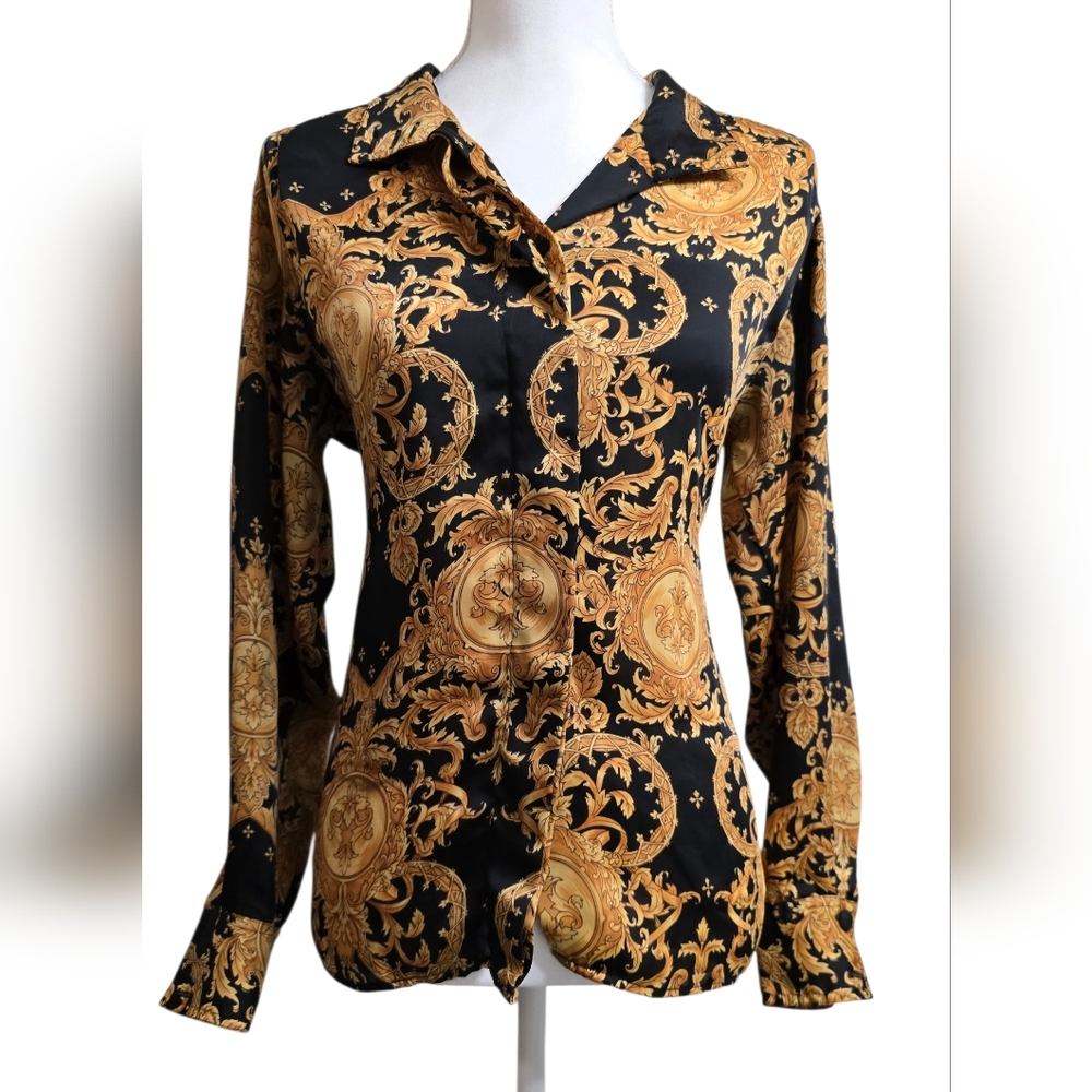 TESS Stylish Women's Black and Gold Button Down Shirt